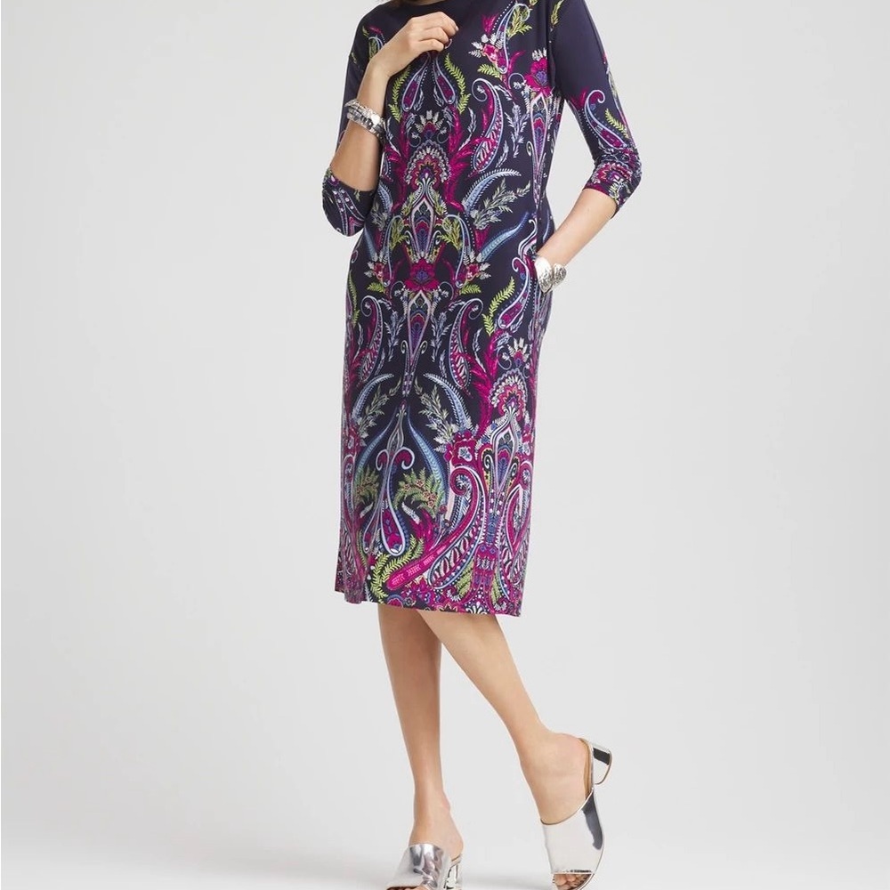 Chico's Vibrant Paisley Midi Dress in Navy and Magenta - Picture 3 of 6